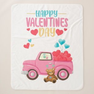 Valentine's Day Cute Hearts Pink Truck Teddy Bear Sherpa Blanket