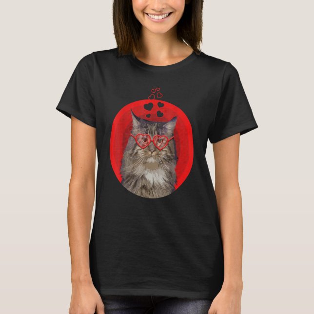 Valentines Day Cute Maine Coon Cat Heart Sunglasse T-Shirt (Front)