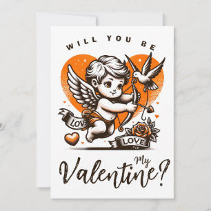 Valentine's Day cute orange heart cupid Holiday Card