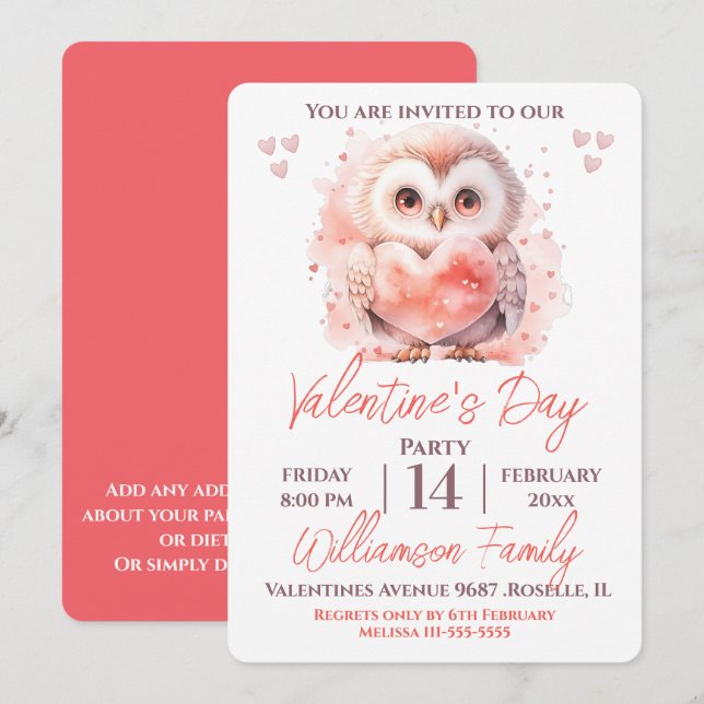 Valentine's Day Cute Owl and Heart Party  Invitation (Front/Back)
