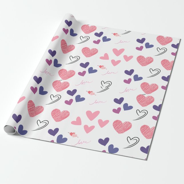 valentines day cute pink and purple heart  wrapping paper (Unrolled)