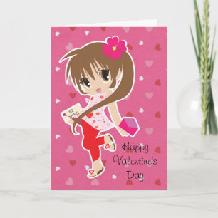Valentine's Day Cute Pink Chibi Girl with Hearts Holiday Card