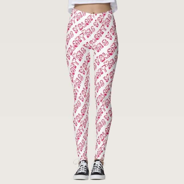 Valentine's Day Cute Pink Hearts Typography White Leggings (Front)