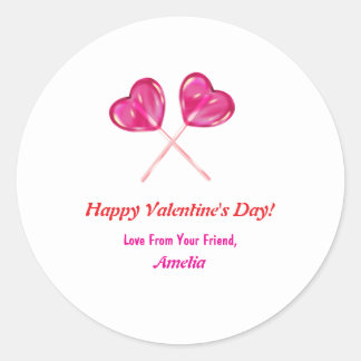  Valentine's Day Cute Pink Lollipops Heart Name  Classic Round Sticker
