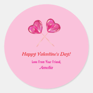  Valentine's Day Cute Pink Lollipops Heart Name  Classic Round Sticker