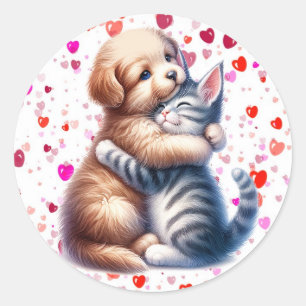 Valentine's Day Cute Puppy & Kitty Hug Classic Round Sticker