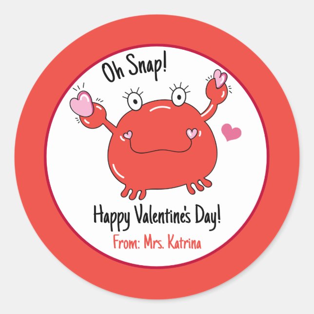 Valentine's Day Cute Red Crab Hearts Kids Classic Round Sticker (Front)