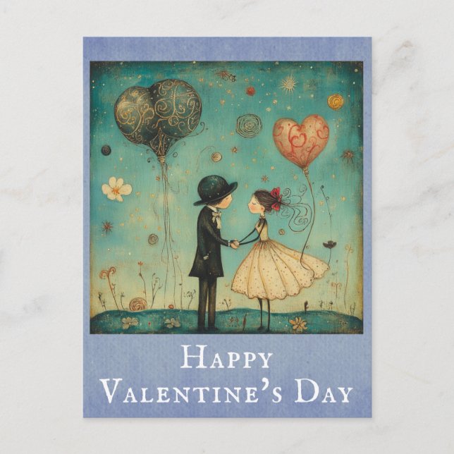 Valentines Day Cute Vintage Whimsical Couple Postcard (Front)