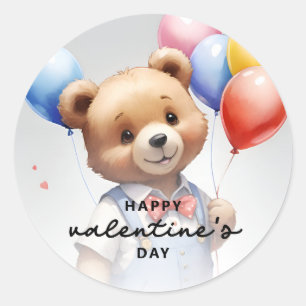 Valentine's Day Cute Watercolor Bear With Balloon Classic Round Sticker