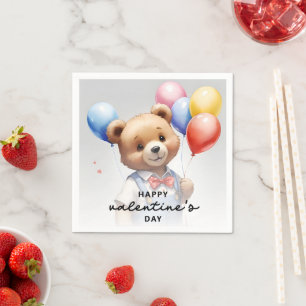 Valentine's Day Cute Watercolor Bear With Balloon Napkin