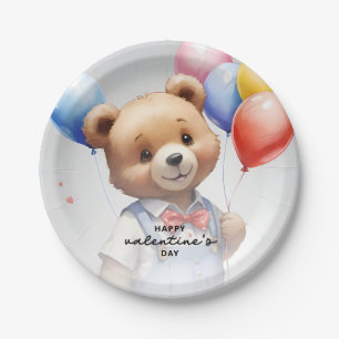 Valentine's Day Cute Watercolor Bear With Balloon Paper Plate