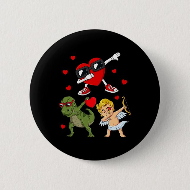 Valentines Day Dabbing Heart And Cupid Fun T Rex B 6 Cm Round Badge (Front)