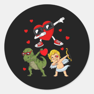 Valentines Day Dabbing Heart And Cupid Fun T Rex B Classic Round Sticker