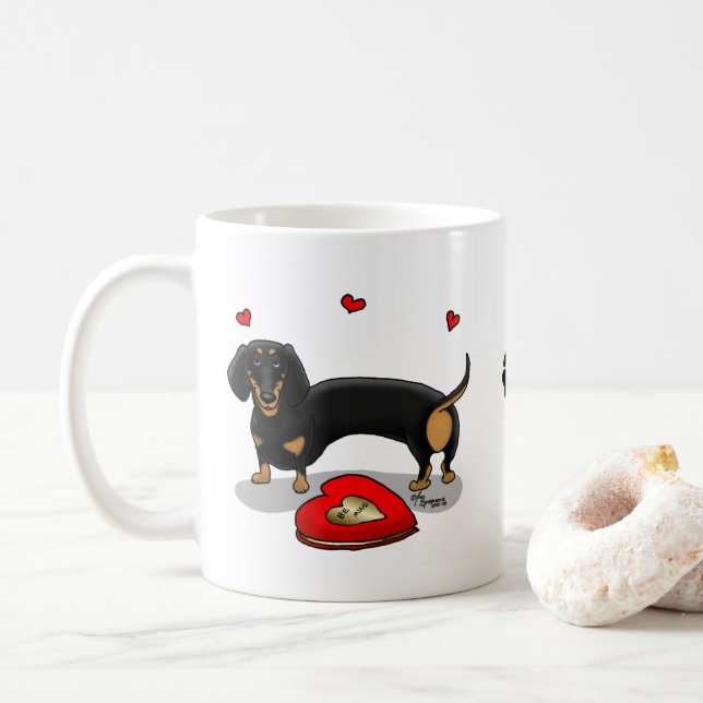 Valentine's Day Dachshund (black & tan) - Cute dog Coffee Mug (With Donut)