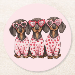 Valentines Day Dachshund Dogs Round Paper Coaster