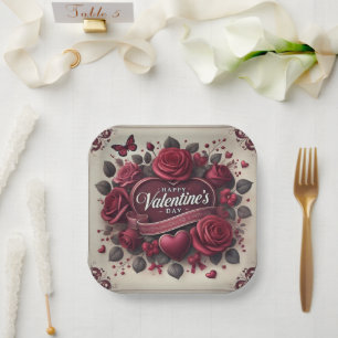 Valentine's Day Design With Roses and Heart    Paper Plate