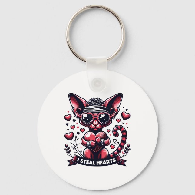 Valentine's Day Devon Rex Cat I Steal Hearts  Key Ring (Front)