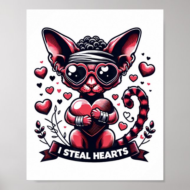 Valentine's Day Devon Rex Cat I Steal Hearts  Poster (Front)
