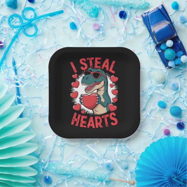 Valentines Day Dinosaur I Steal Hearts Love T rex Paper Plate (Party)