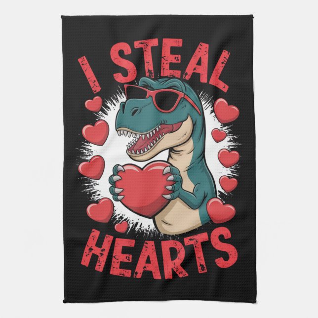 Valentines Day Dinosaur I Steal Hearts Love T rex Tea Towel (Vertical)