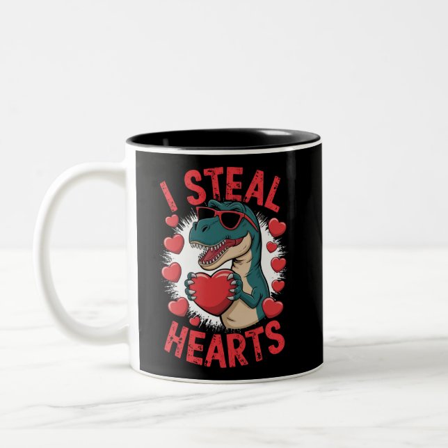 Valentines Day Dinosaur I Steal Hearts Love T rex Two-Tone Coffee Mug (Left)