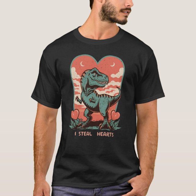 Valentine's Day Dinosaur I Steal Hearts T Rex T-Shirt (Front)