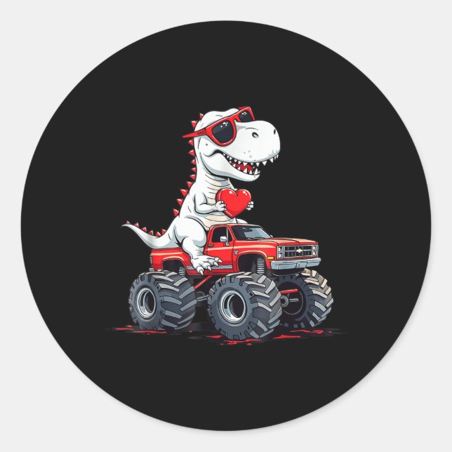 Valentines Day Dinosaur Monster Truck With Heart B Classic Round Sticker (Front)