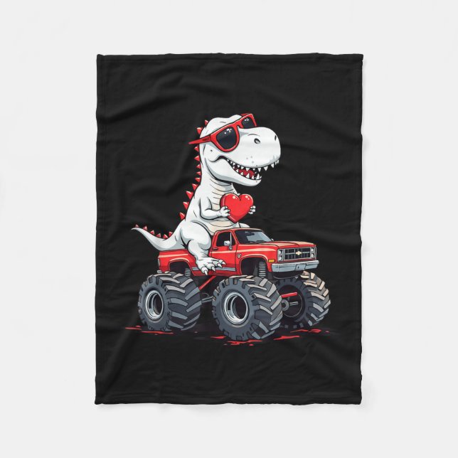 Valentines Day Dinosaur Monster Truck With Heart B Fleece Blanket (Front)