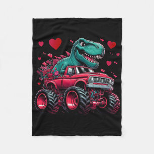 Valentines Day Dinosaur Riding Monster Truck Heart Fleece Blanket