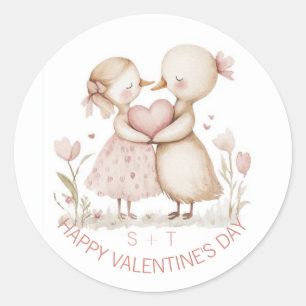 Valentine's Day Duck Couple Custom Initials Classic Round Sticker