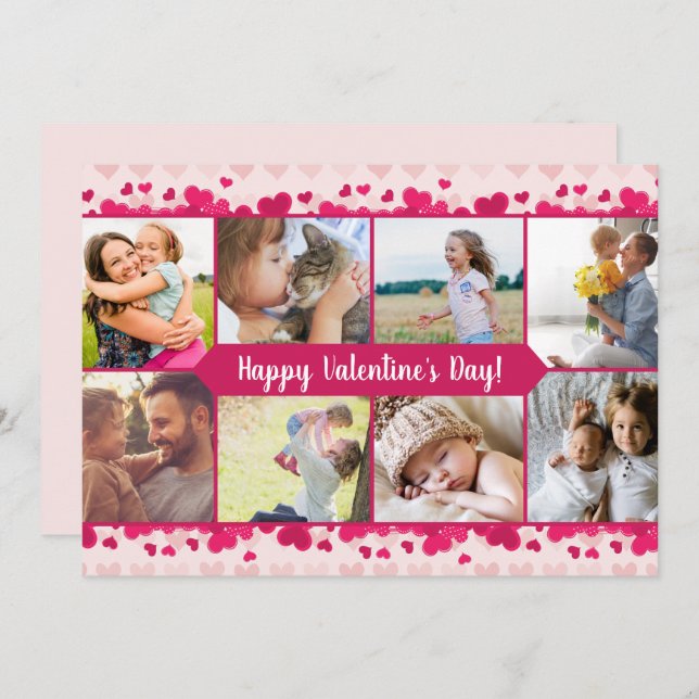 Valentine's Day Eight Photo Collage with Hearts Holiday Card (Front/Back)