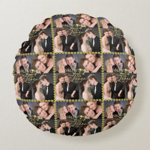 Valentine's Day Elegant Gold Photo Collage Round Cushion