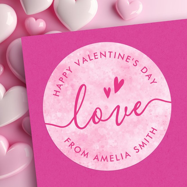 Valentine's Day elegant script pink hearts Classic Round Sticker (Valentine's Day elegant script pink hearts Classic Round Sticker)