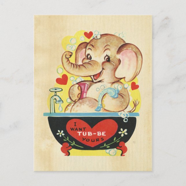 Valentines Day Elephant Kid Animal Retro Red Heart Holiday Postcard (Front)