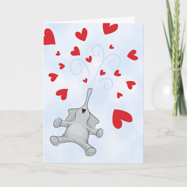 Valentine's Day Elephant with Showers of Hearts Holiday Card (Front)
