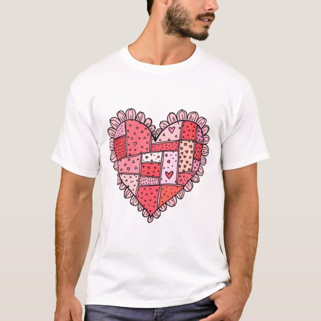 Valentine's Day Faux Patchwork Heart Doodle Style T-Shirt (Front)