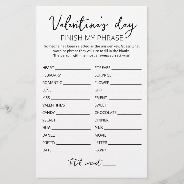 Valentine's day Finish my phrase Editable game (Front)