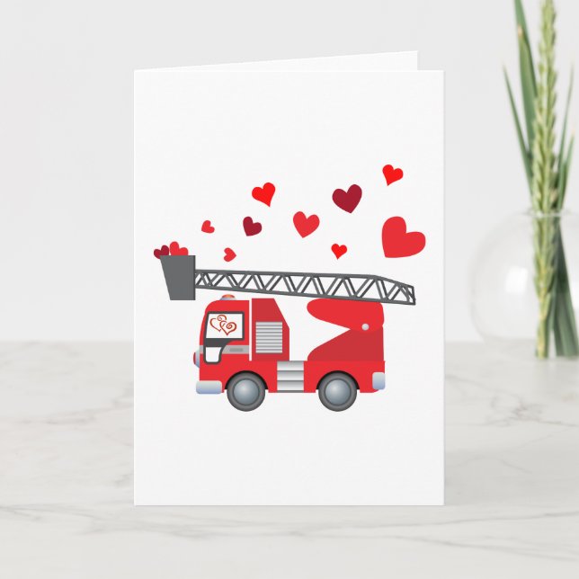 Valentine's Day Firetruck Hearts Gift Kids Boys Holiday Card (Front)