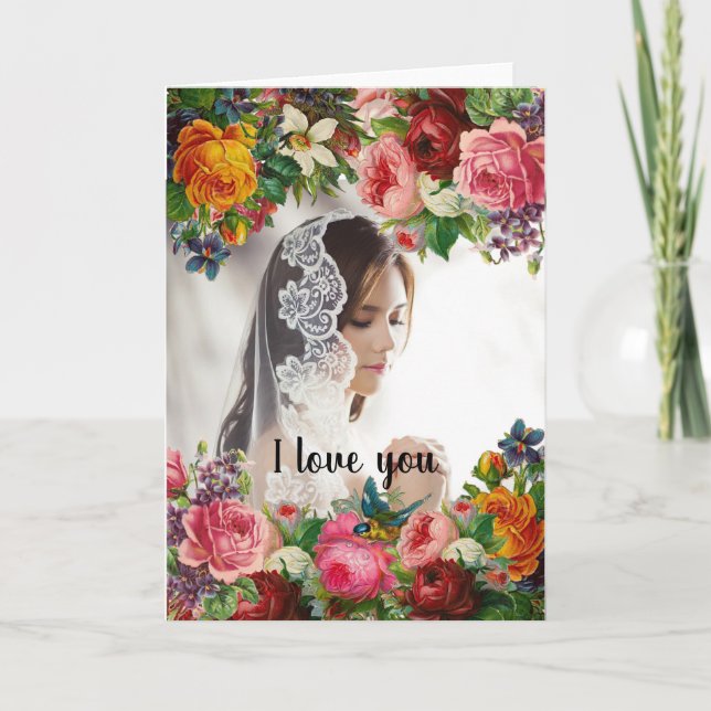 Valentine's Day Floral I Love You Photo Wedding Holiday Card (Front)