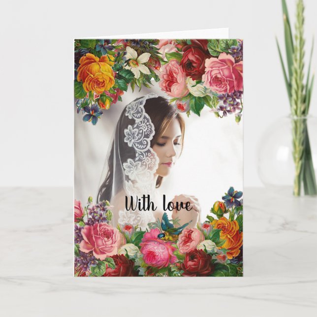 Valentine's Day Floral with Love Photo Wedding Holiday Card (Front)