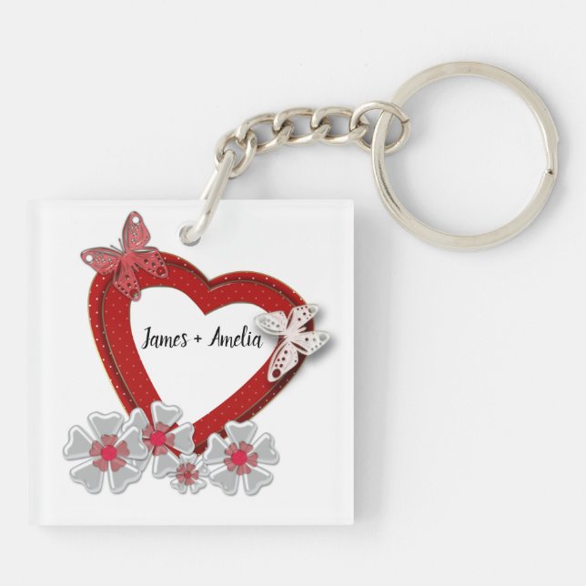 Valentines Day flowers floral red heart butterfly Key Ring (Back)