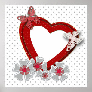 Valentines Day flowers floral red heart butterfly Poster