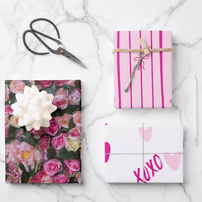 Valentine's Day Flowers, Hearts & Bows Wrapping Paper Sheet (Front)