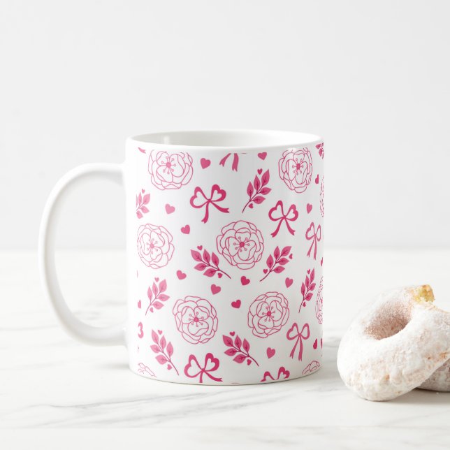 Valentine's Day Flowers Ribbon Hearts Pink Coffee Mug (With Donut)