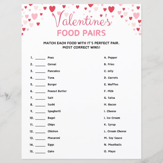Valentine's Day Food Pairs Game (Front)