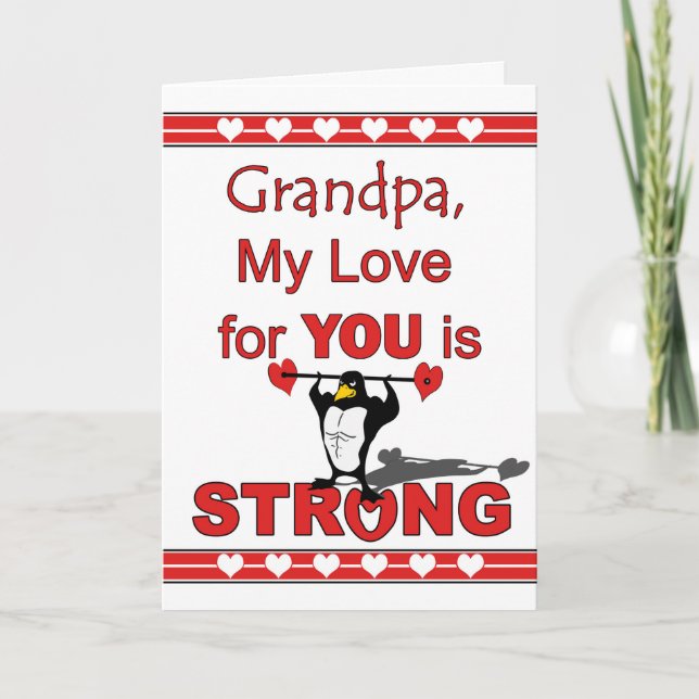 Valentine's Day for Grandpa, Penguin & Weights Holiday Card (Front)