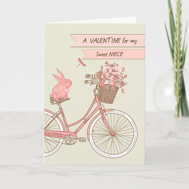 Valentine's Day for Niece, Bicycle, Pink Rabbit Holiday Card (Front)