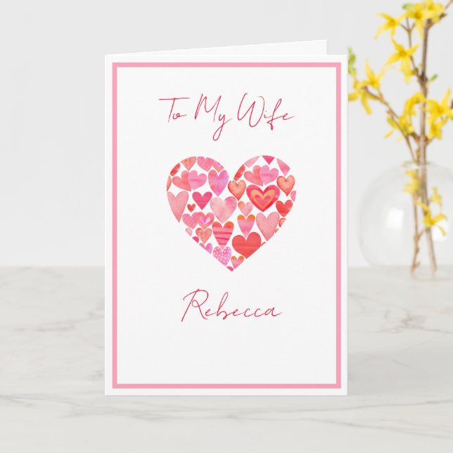 Valentine's Day For Wife Pink & Red Hearts Card (Yellow Flower)
