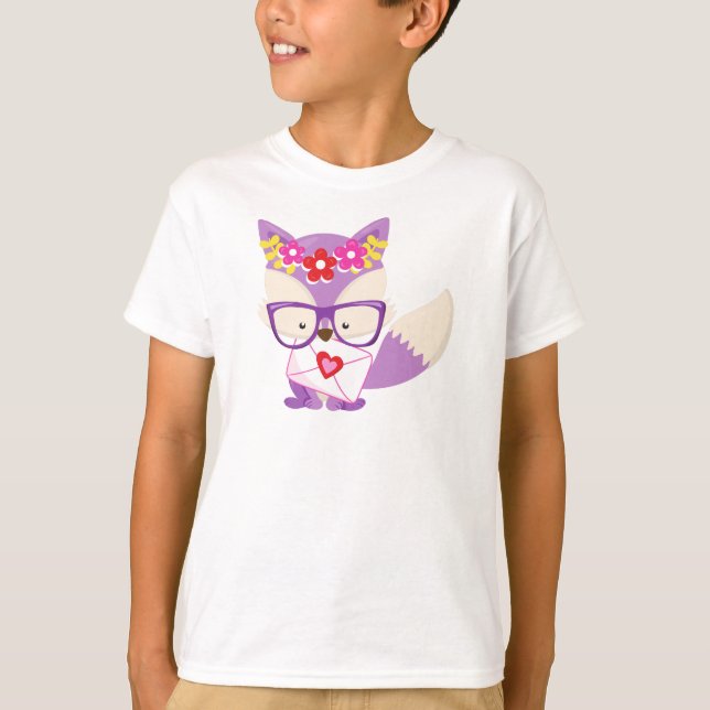 Valentine's Day Fox, Purple Fox, Glasses, Hearts T-Shirt (Front)