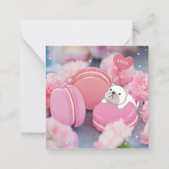 Valentine's Day: French Bulldog, Macarons & Flower Card (Front)